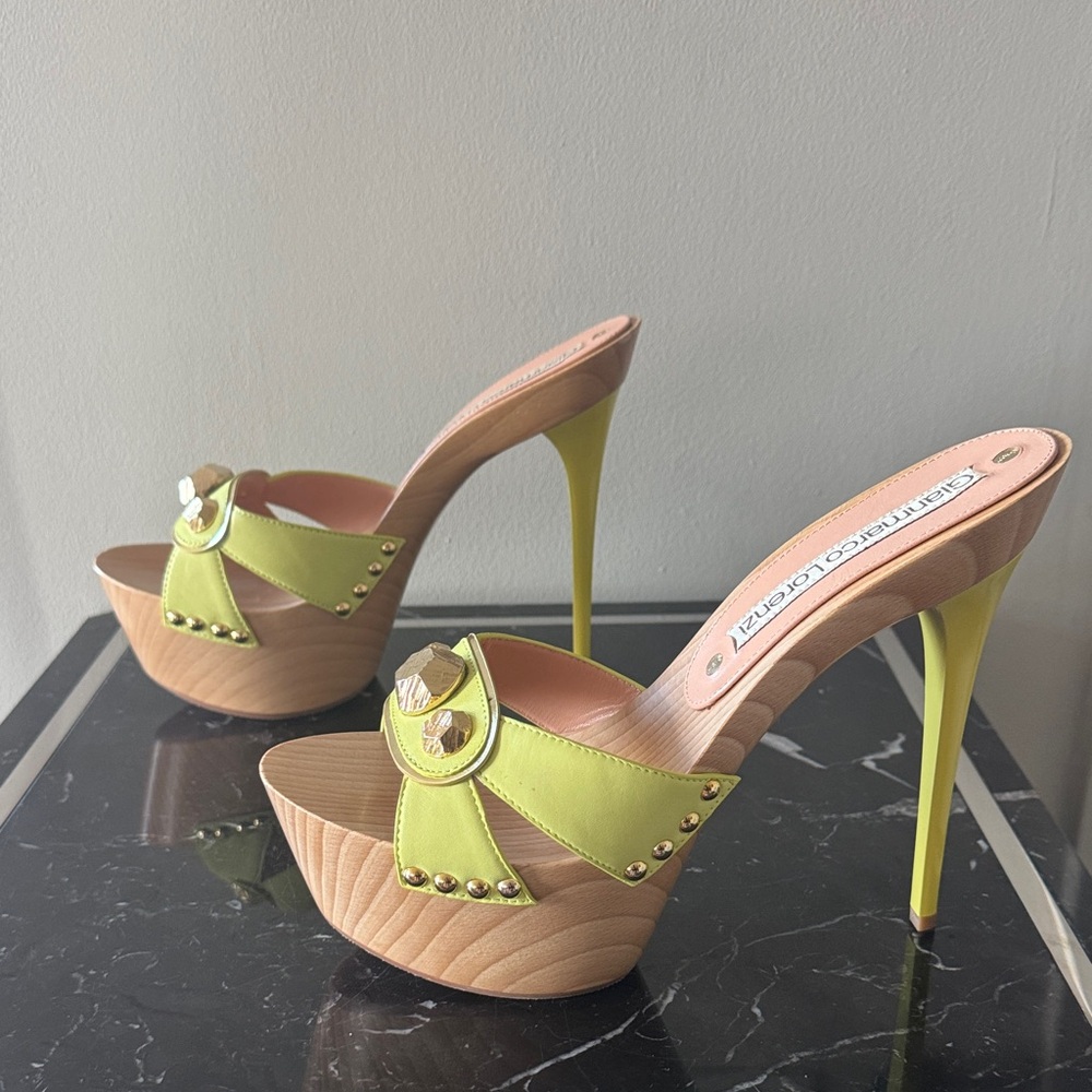 Gianmarco Lorenzi Lime Green Platform Wooden Heels Mules 39